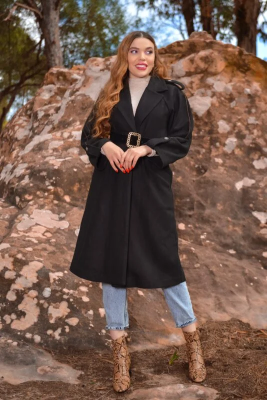 Manteau en laine à manches raglantes en noir freeshipping - AYLA